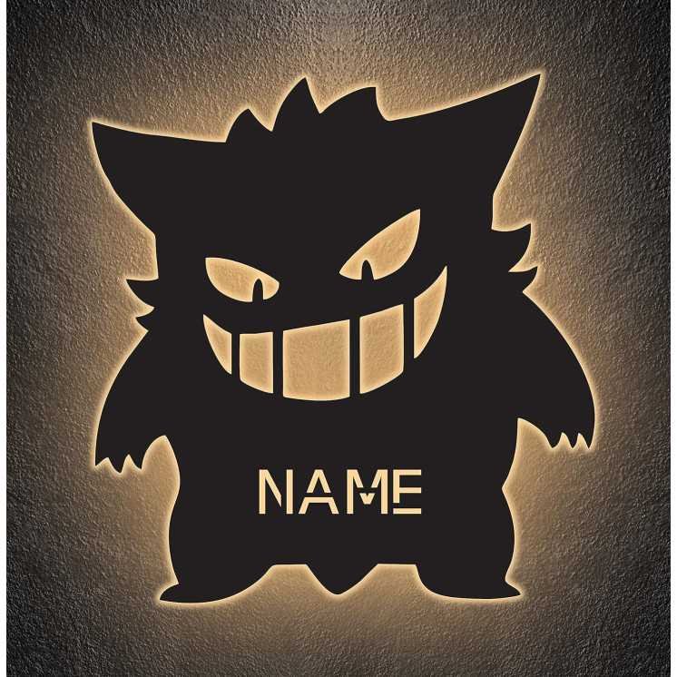 LEON - FOLIEN lachender Monster Nachtlicht Led personalisiert mit Name aus Mdf Holz Schlummerlicht Geschenk Kinderzimmer