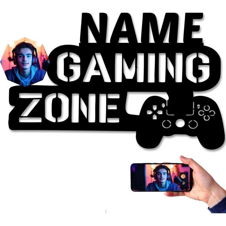 Gaming Zone Wand Deko Mit Foto auf Holz gedruckt personalisiert Name - Geschenke (Optional) Led Beleuchtung Wand Lampe