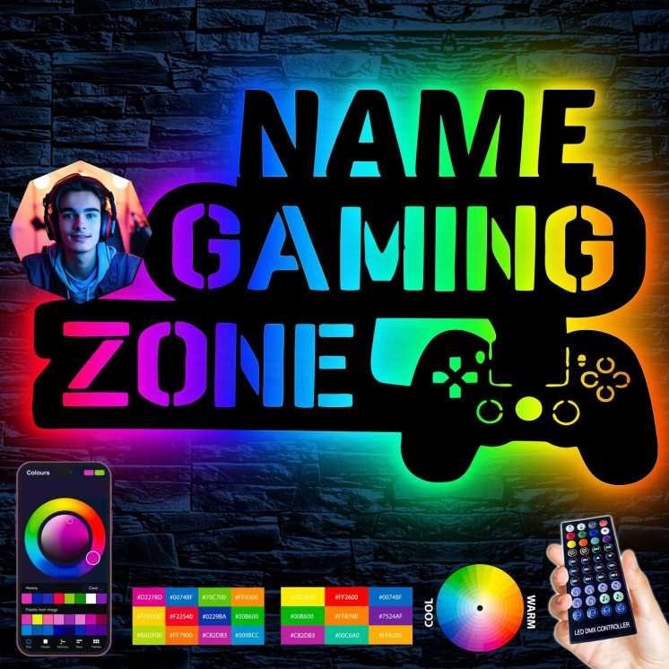 Gaming Zone Wand Deko Mit Foto auf Holz gedruckt personalisiert Name - Geschenke (Optional) Led Beleuchtung Wand Lampe