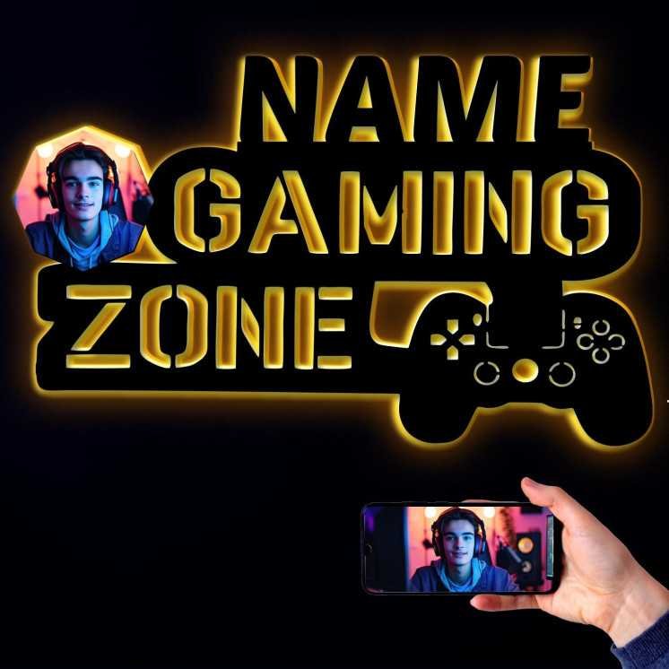 Gaming Zone Wand Deko Mit Foto auf Holz gedruckt personalisiert Name - Geschenke (Optional) Led Beleuchtung Wand Lampe