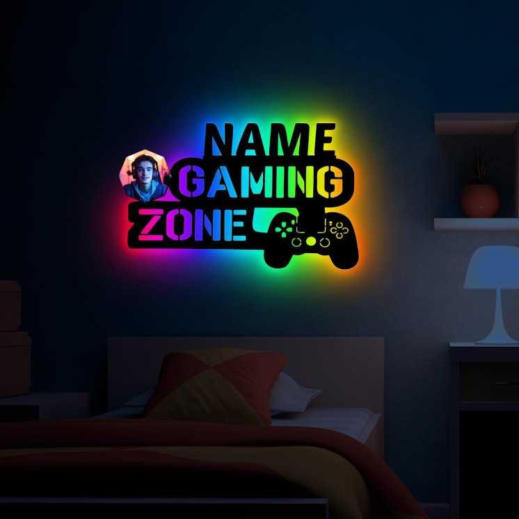 Gaming Zone Wand Deko Mit Foto auf Holz gedruckt personalisiert Name - Geschenke (Optional) Led Beleuchtung Wand Lampe