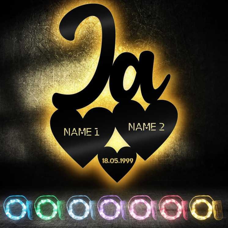 LEON FOLIEN Ja Hochzeitsgeschenke LED Wandlampe Nachtlicht Wand Lampe mit Namen für das Brautpaar personalisiert in 7 Farbe -