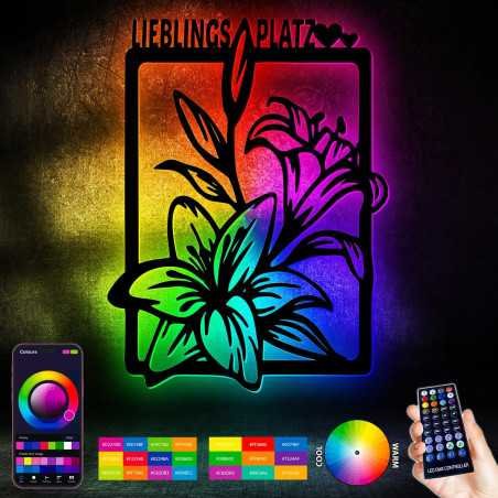 LEON FOLIEN Led RGB Lieblingsplatz mit Blumen Wanddeko Schriftzug - Richtfest Einzug Deko Geschenk Wohnzimmer Flur Schlafzimmer