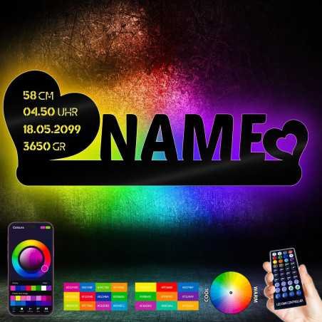 RGB Led HERZEN Deko Schlummerlicht Nachtlicht , personalisiert NAME Datum Größe Gewicht Geburtszeit Besondere Taufgeschenke