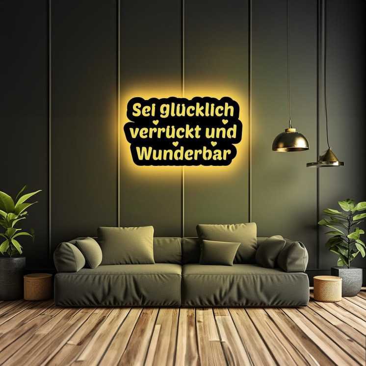 LEON FOLIEN Led Sei glücklich verrückt und Wunderbar Wanddeko Schriftzug aus MDF Holz - Richtfest Einzug Deko Geschenk