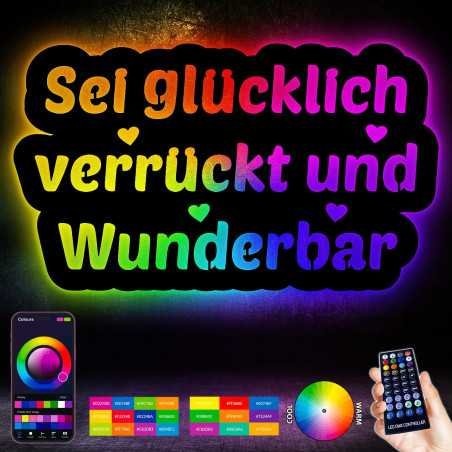 LEON FOLIEN RGB Led ´Sei glücklich verrückt und Wunderbar ´ Wanddeko Schriftzug aus MDF Holz - Richtfest Einzug Deko Geschenk