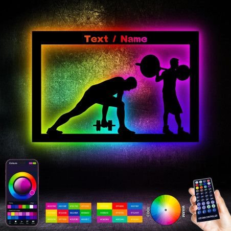 LEON FOLIEN RGB LED MANN Hantel Fitness Fitnessstudio Fitness Wand Deko personalisiert mit NAME Schlummerlicht Nachtlicht für