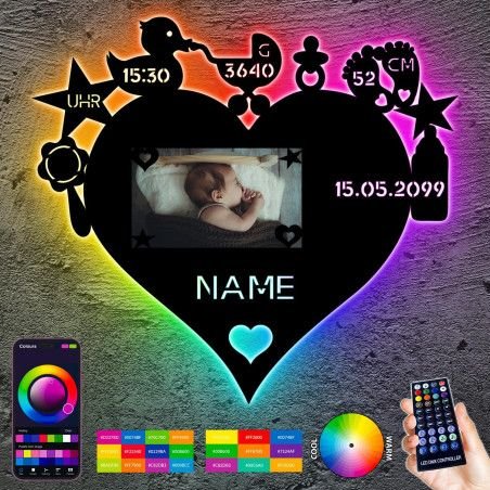 RGB LED Nachtlicht Herz Mit Bilderrahmen Baby - Geschenke personalisierte Geschenk mit Namen zur Geburt & Taufe Taufandenken für