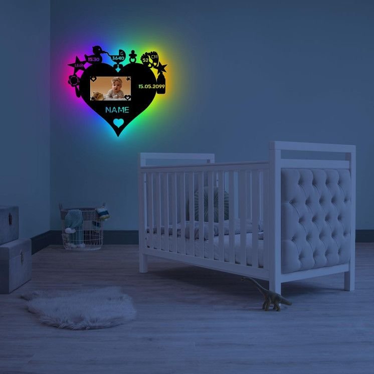 RGB LED Nachtlicht Herz Mit Bilderrahmen Baby - Geschenke personalisierte Geschenk mit Namen zur Geburt & Taufe Taufandenken für