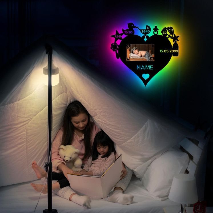 RGB LED Nachtlicht Herz Mit Bilderrahmen Baby - Geschenke personalisierte Geschenk mit Namen zur Geburt & Taufe Taufandenken für