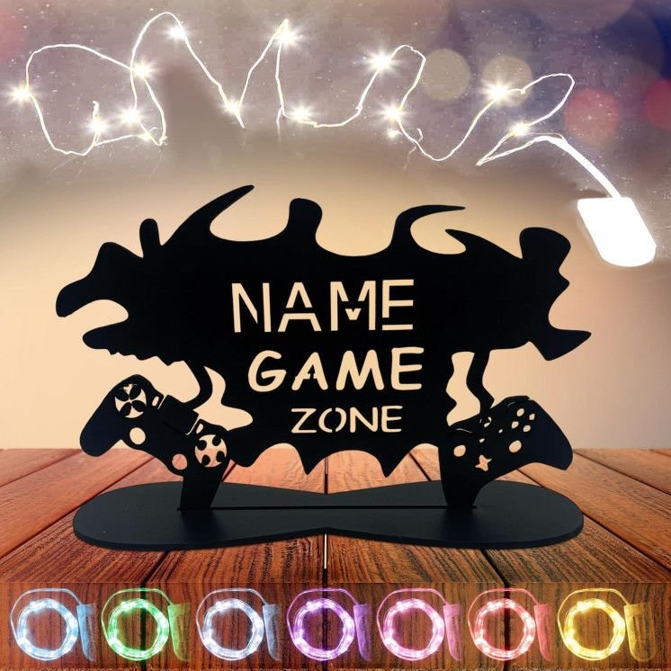 Tischdeko GAME ZONE - Personalisiert NAME Geschenke - Besondere Geschenke für Videospiel - (optional) LED Lichterkette - in 7