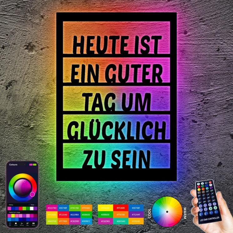 RGB LED Guter Tag um glücklich zu sein Wanddeko Schriftzug aus Holz I Wand Deko Geschenk Wohnzimmer Flur Familie in 7 Farbe