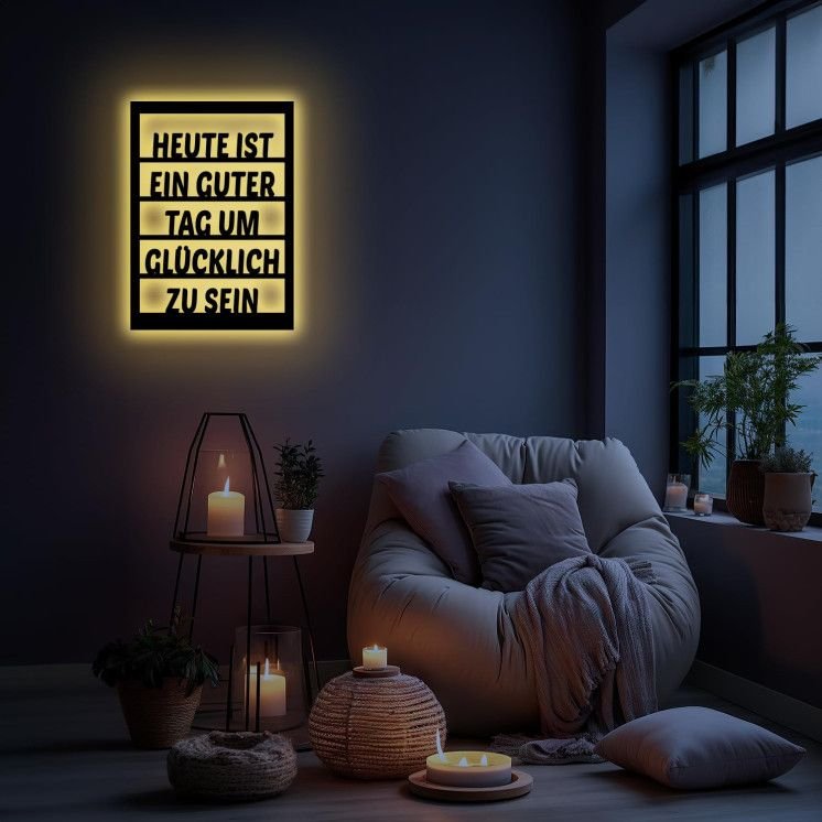 RGB LED Guter Tag um glücklich zu sein Wanddeko Schriftzug aus Holz I Wand Deko Geschenk Wohnzimmer Flur Familie in 7 Farbe