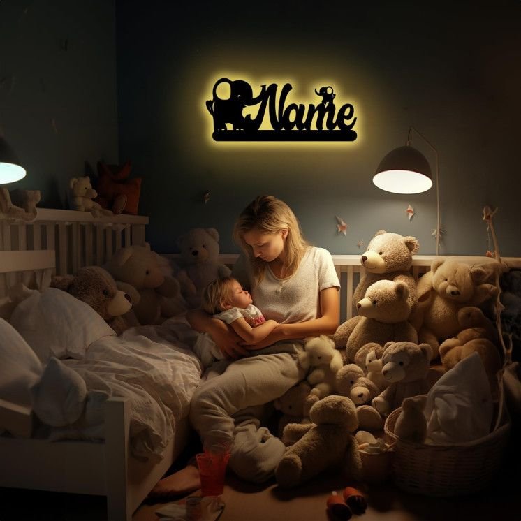 LED Deko Schlummerlicht Nachtlicht Elefant, personalisiert mit Wunsch Namen Abendlicht Kinderzimmer Wohnzimmer Geschenk Für