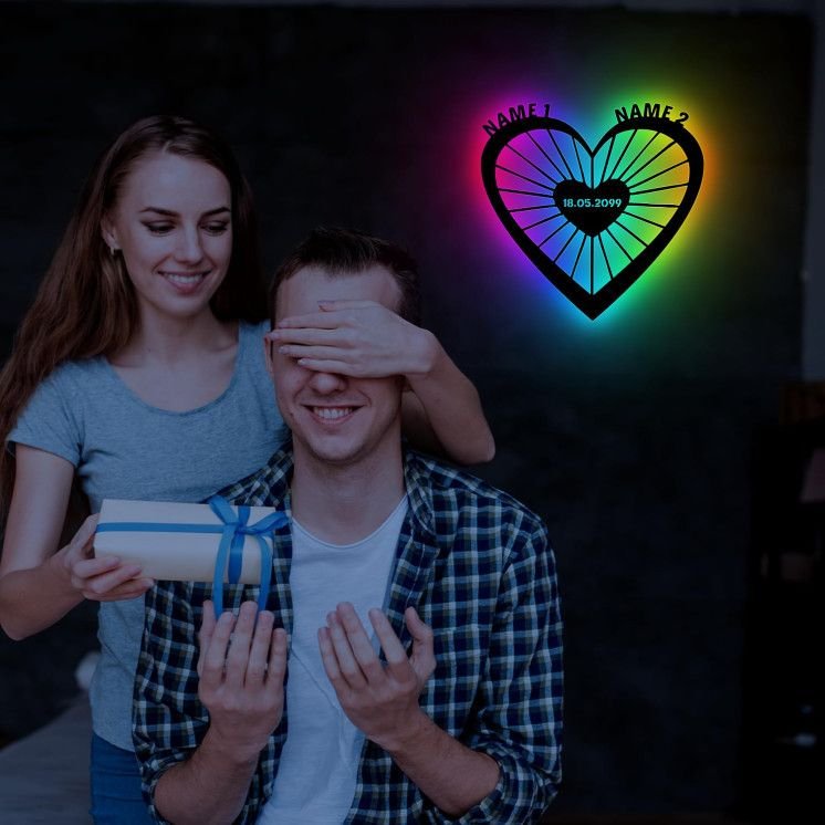 3D Eheringe Herz personalisiert mit 2 Namen & Datum Deko Hochzeitsgeschenk Brautpaar - Individuelles Geschenk zur Hochzeit, RGB