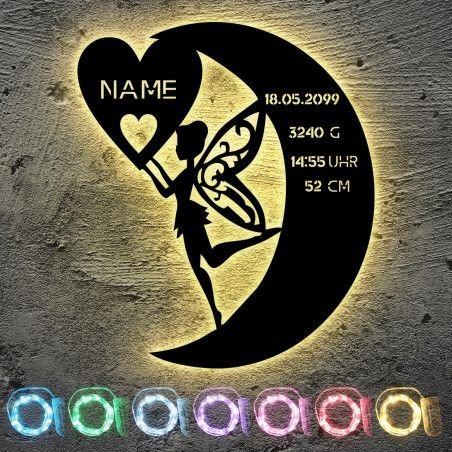 Schlummerlicht Nachtlicht Led Lampe personalisiert "Fee auf Mond" Geschenke zur Geburt Feen Geschenk mit Name Geburtsdaten