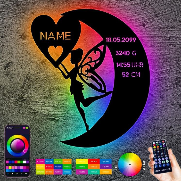 Schlummerlicht Nachtlicht RGB Led Lampe personalisiert "Fee auf Mond" Geschenke zur Geburt Feen Geschenk mit Name Geburtsdaten