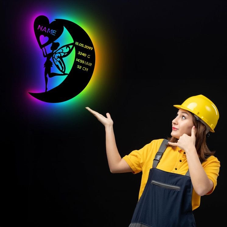 Schlummerlicht Nachtlicht RGB Led Lampe personalisiert "Fee auf Mond" Geschenke zur Geburt Feen Geschenk mit Name Geburtsdaten