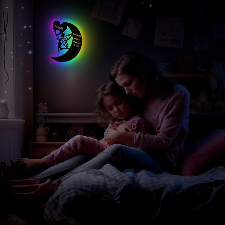 Schlummerlicht Nachtlicht RGB Led Lampe personalisiert "Fee auf Mond" Geschenke zur Geburt Feen Geschenk mit Name Geburtsdaten