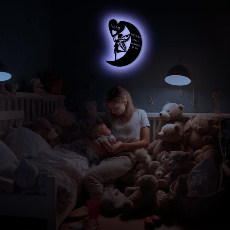 Schlummerlicht Nachtlicht RGB Led Lampe personalisiert "Fee auf Mond" Geschenke zur Geburt Feen Geschenk mit Name Geburtsdaten