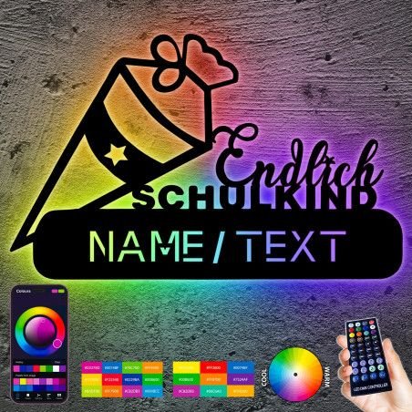 "Endlich Schulkind" RGB LED Deko Schlummerlicht Nachtlicht, personalisiert mit Wunsch Namen Abendlicht Kinderzimmer Geschenk Für