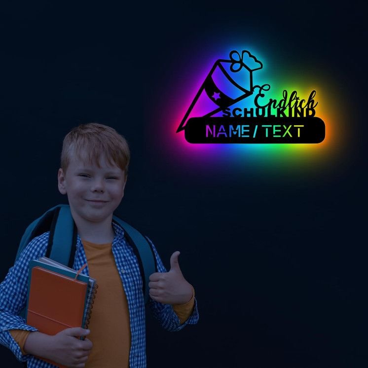 "Endlich Schulkind" RGB LED Deko Schlummerlicht Nachtlicht, personalisiert mit Wunsch Namen Abendlicht Kinderzimmer Geschenk Für