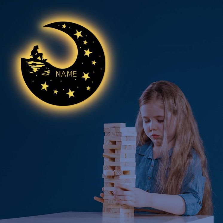 Led Lampe Schlummerlicht Nachtlicht personalisiert " Fee auf Mond & Sterne " Geschenke zur Geburt Feen Geschenk mit Name