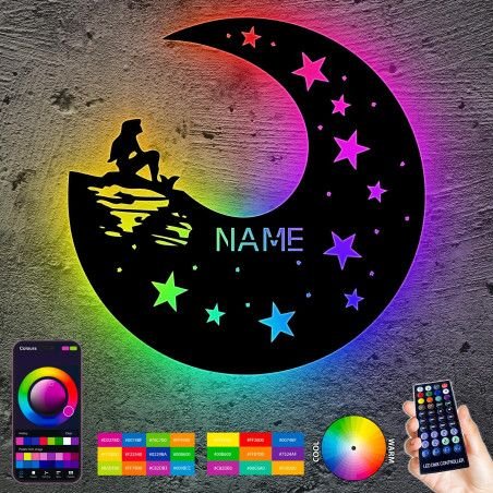 RGB Led Lampe Schlummerlicht Nachtlicht personalisiert " Fee auf Mond & Sterne " Geschenke zur Geburt Feen Geschenk mit Name