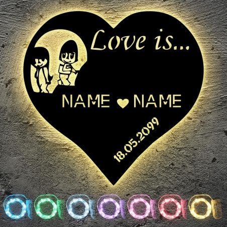 Love is Herz LED Herz personalisiert mit 2 Namen & Datum Deko Hochzeitsgeschenk Brautpaar - Individuelles Geschenk zur Hochzeit,