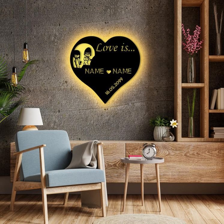 Love is Herz LED Herz personalisiert mit 2 Namen & Datum Deko Hochzeitsgeschenk Brautpaar - Individuelles Geschenk zur Hochzeit,