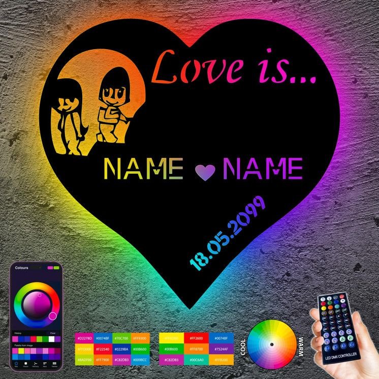 Love is Herz RGB LED Herz personalisiert mit 2 Namen & Datum Deko Hochzeitsgeschenk Brautpaar - Individuelles Geschenk zur