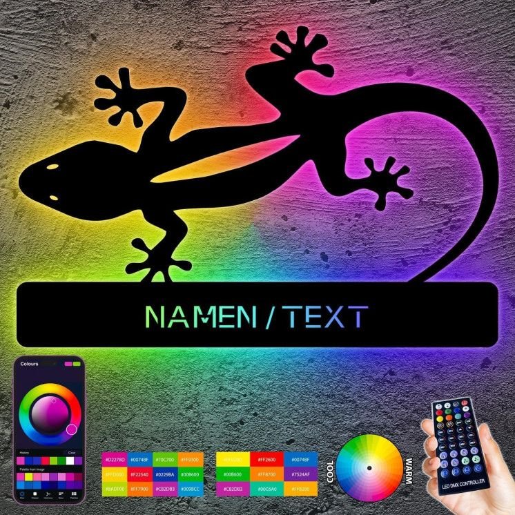 LEON FOLIEN RGB „Gecko Regal“ Echse Reptile Schlummerlicht LED, personalisiert mit Name Oder Text Lasergravur Nachtlicht für