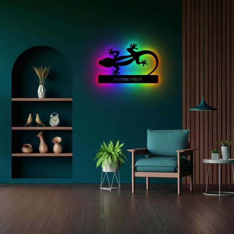 LEON FOLIEN RGB „Gecko Regal“ Echse Reptile Schlummerlicht LED, personalisiert mit Name Oder Text Lasergravur Nachtlicht für