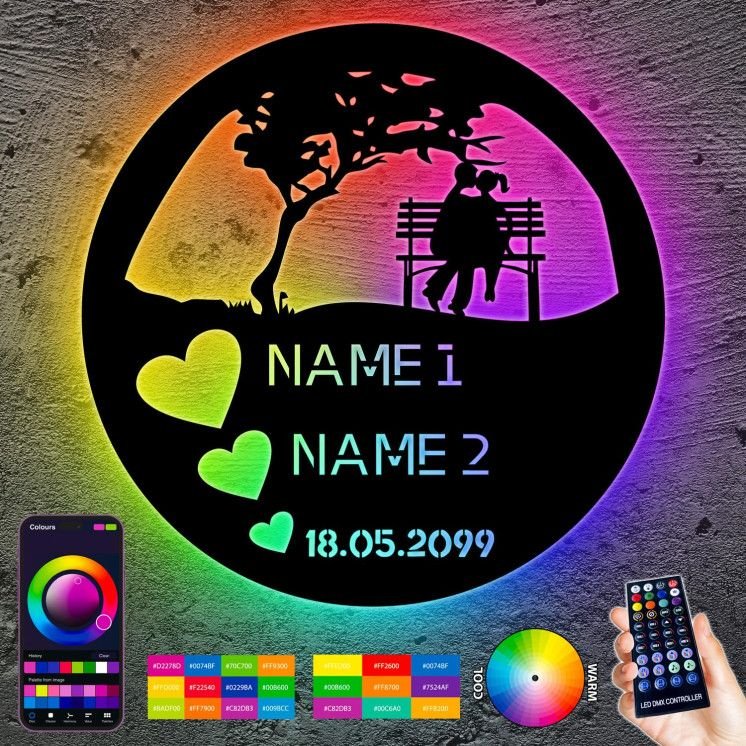 Love Herz RGB LED Herz personalisiert mit 2 Namen & Datum Deko Hochzeitsgeschenk Brautpaar - Individuelles Geschenk zur